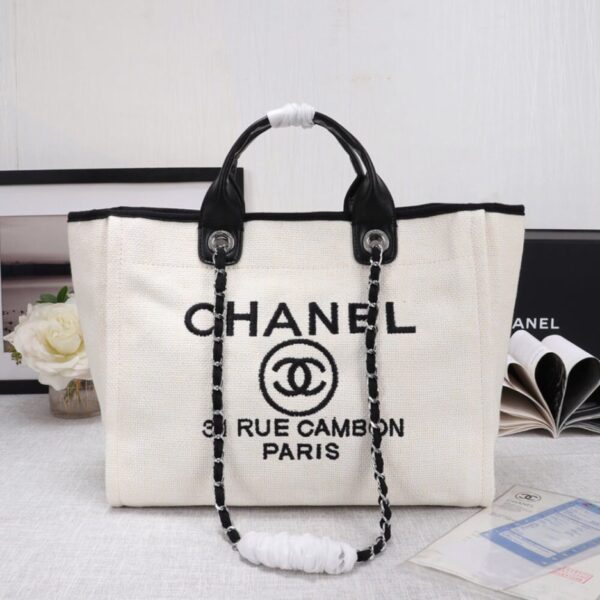 CHANEL Woven Straw Raffia Striped Medium Deauville Tote - Image 2