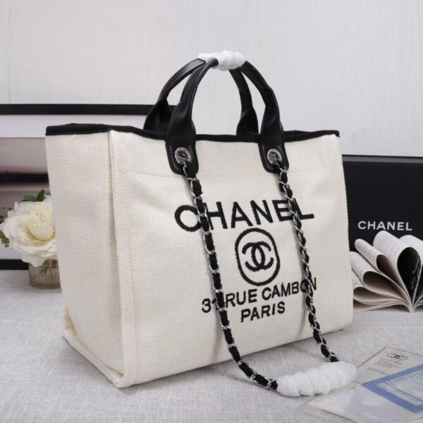 CHANEL Woven Straw Raffia Striped Medium Deauville Tote - Image 3